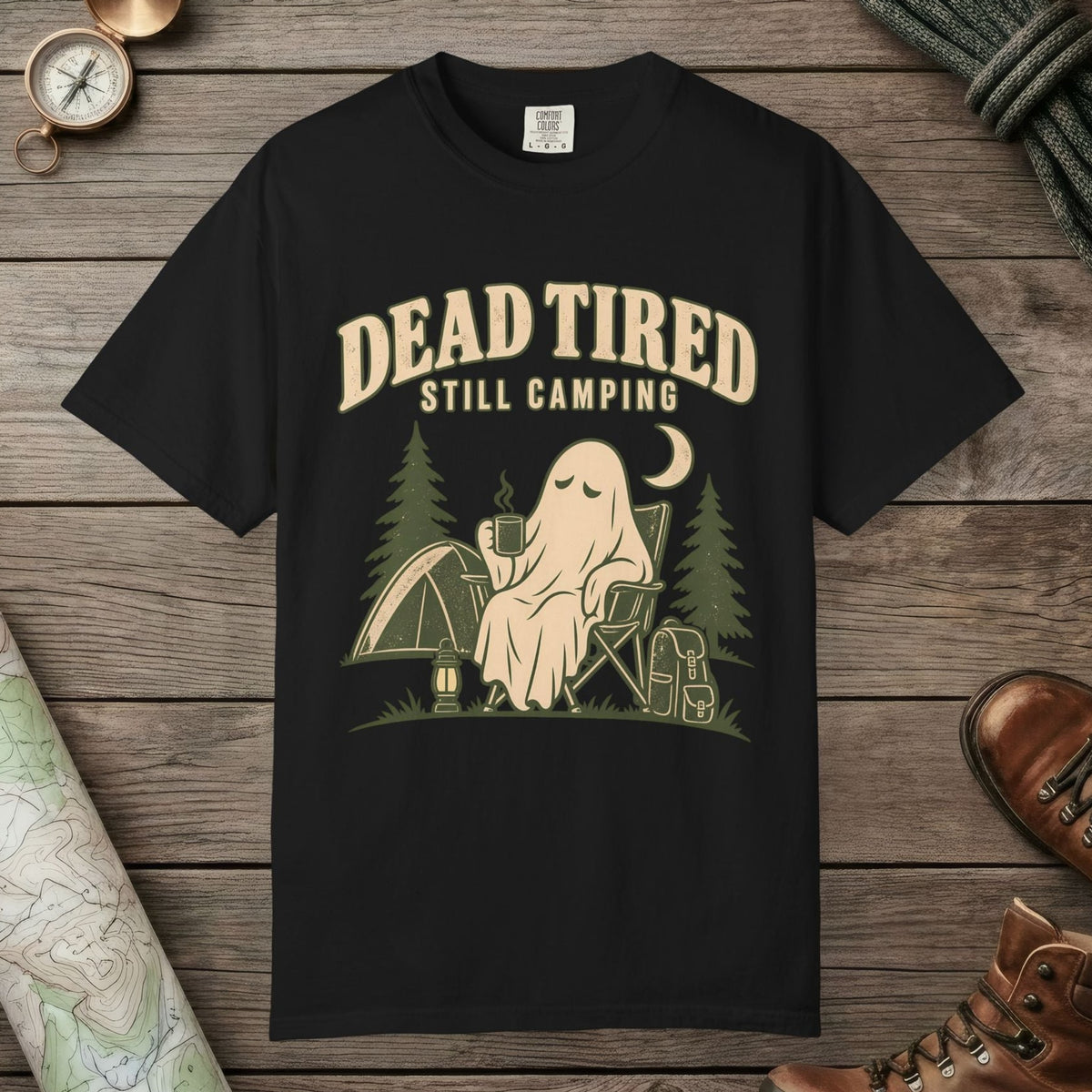 Black color unisex graphic t-shirt with "Dead Tired" design