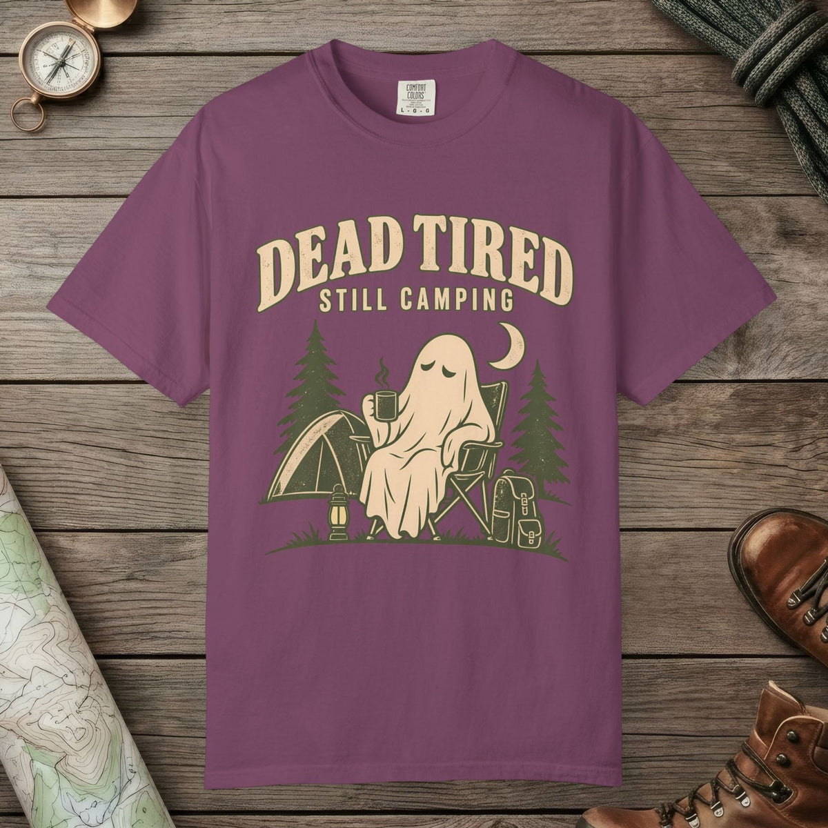 Berry color unisex graphic t-shirt with "Dead Tired" design