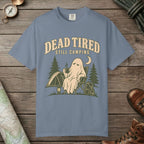 Blue Jean color unisex graphic t-shirt with "Dead Tired" design