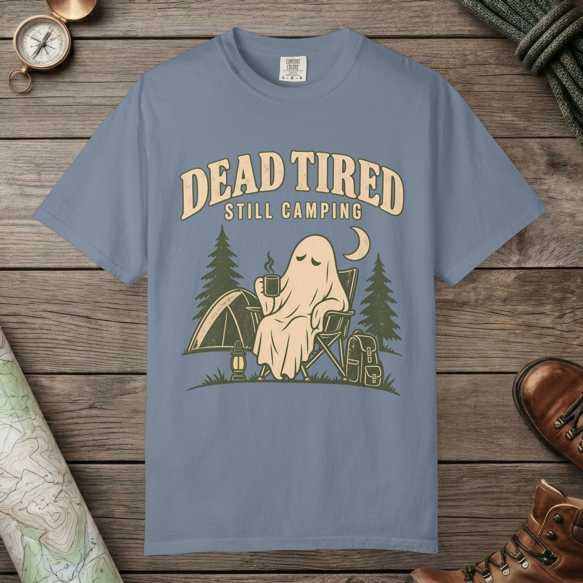 Blue Jean color unisex graphic t-shirt with "Dead Tired" design