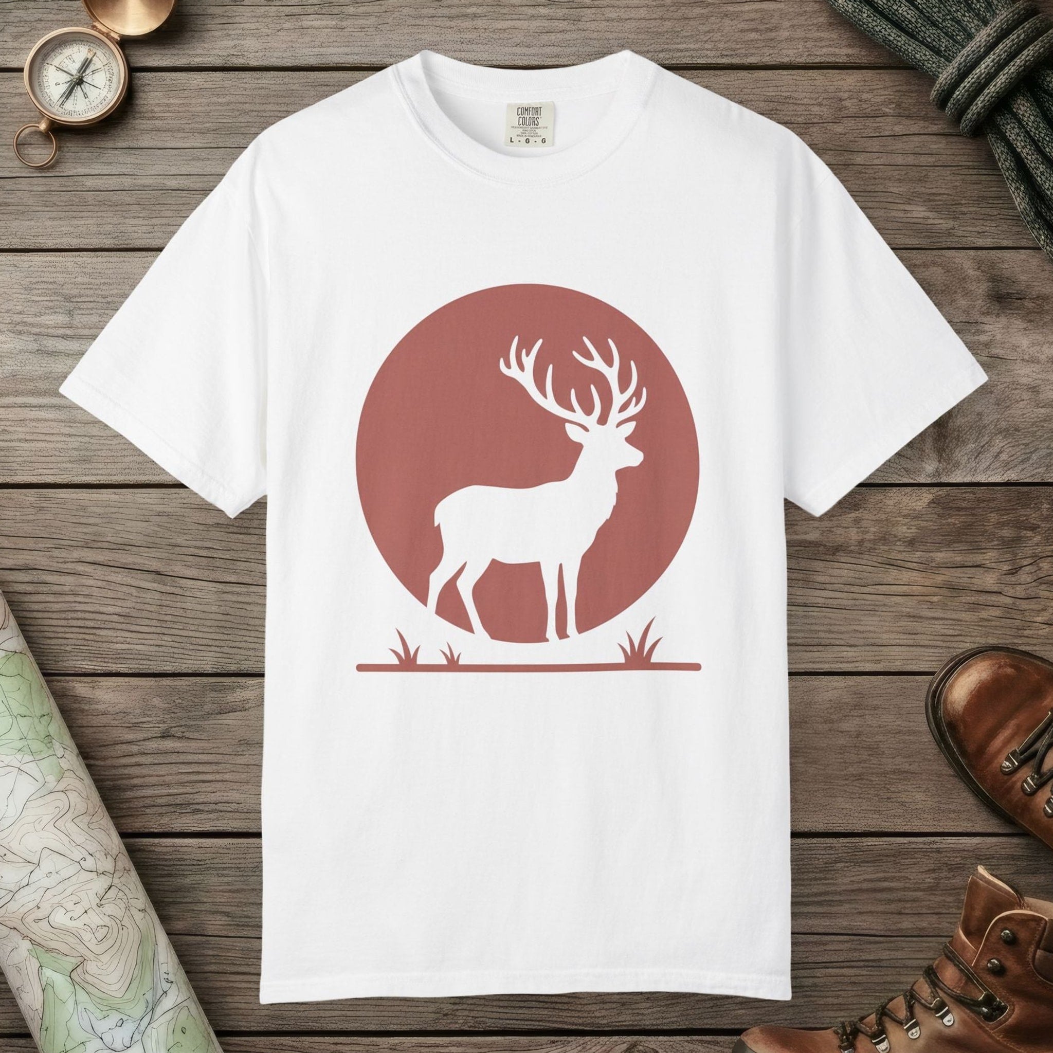 White color unisex graphic t-shirt with "Deer Silhouette" design