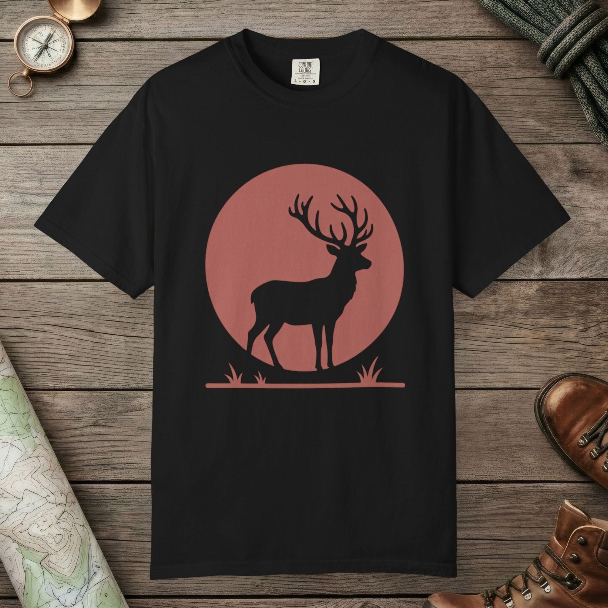 Black color unisex graphic t-shirt with "Deer Silhouette" design