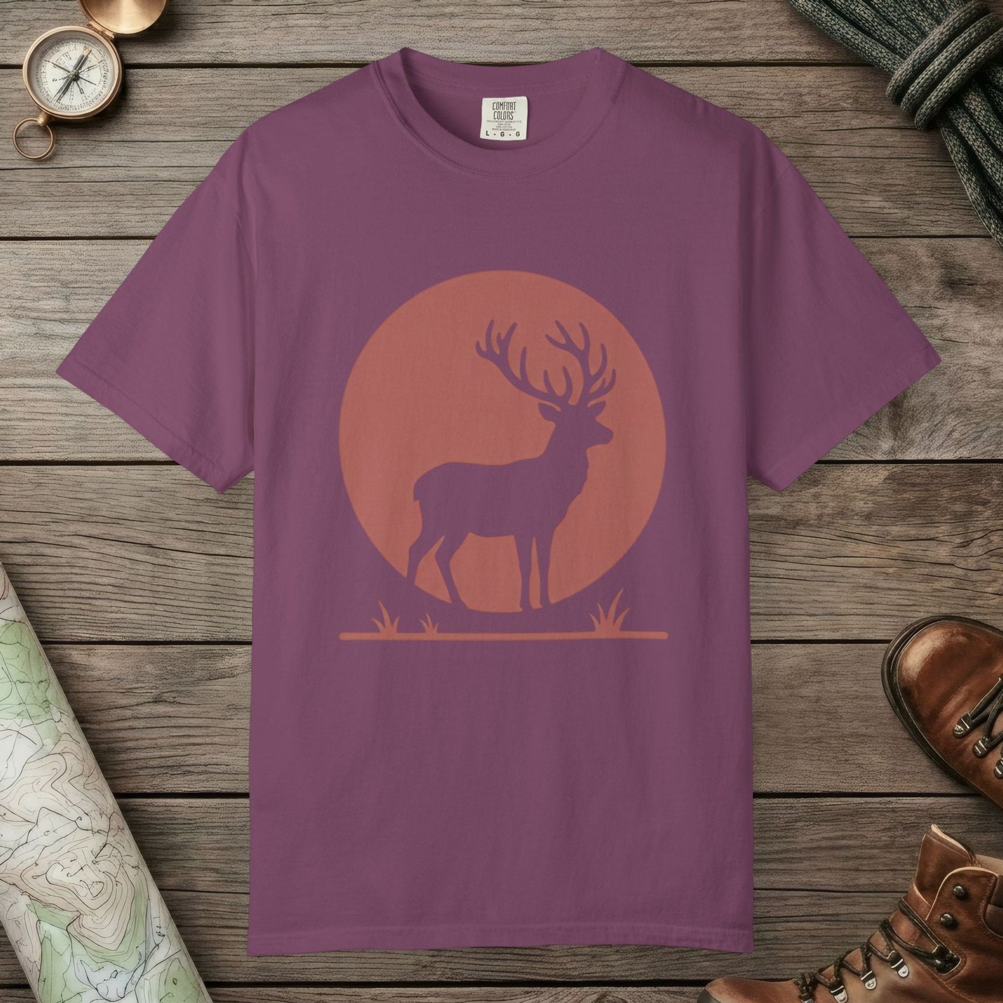 Berry color unisex graphic t-shirt with "Deer Silhouette" design