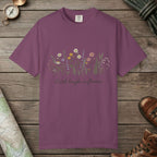 Berry color unisex graphic t-shirt with "Earth Laughs In Flowers" design