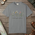 Grey color unisex graphic t-shirt with "Earth Laughs In Flowers" design
