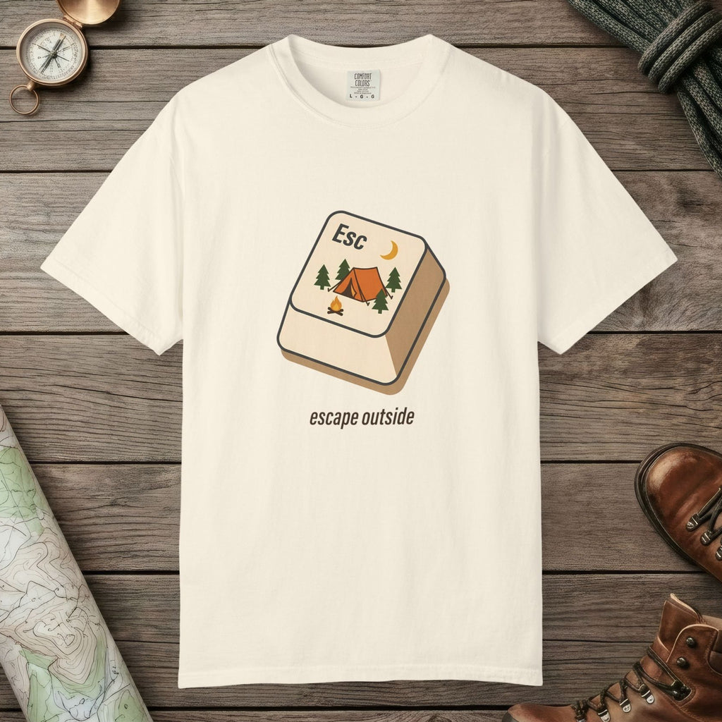 Ivory color unisex graphic t-shirt with "Escape Outside" design