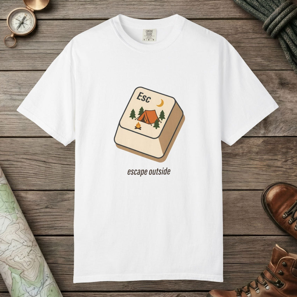 White color unisex graphic t-shirt with "Escape Outside" design