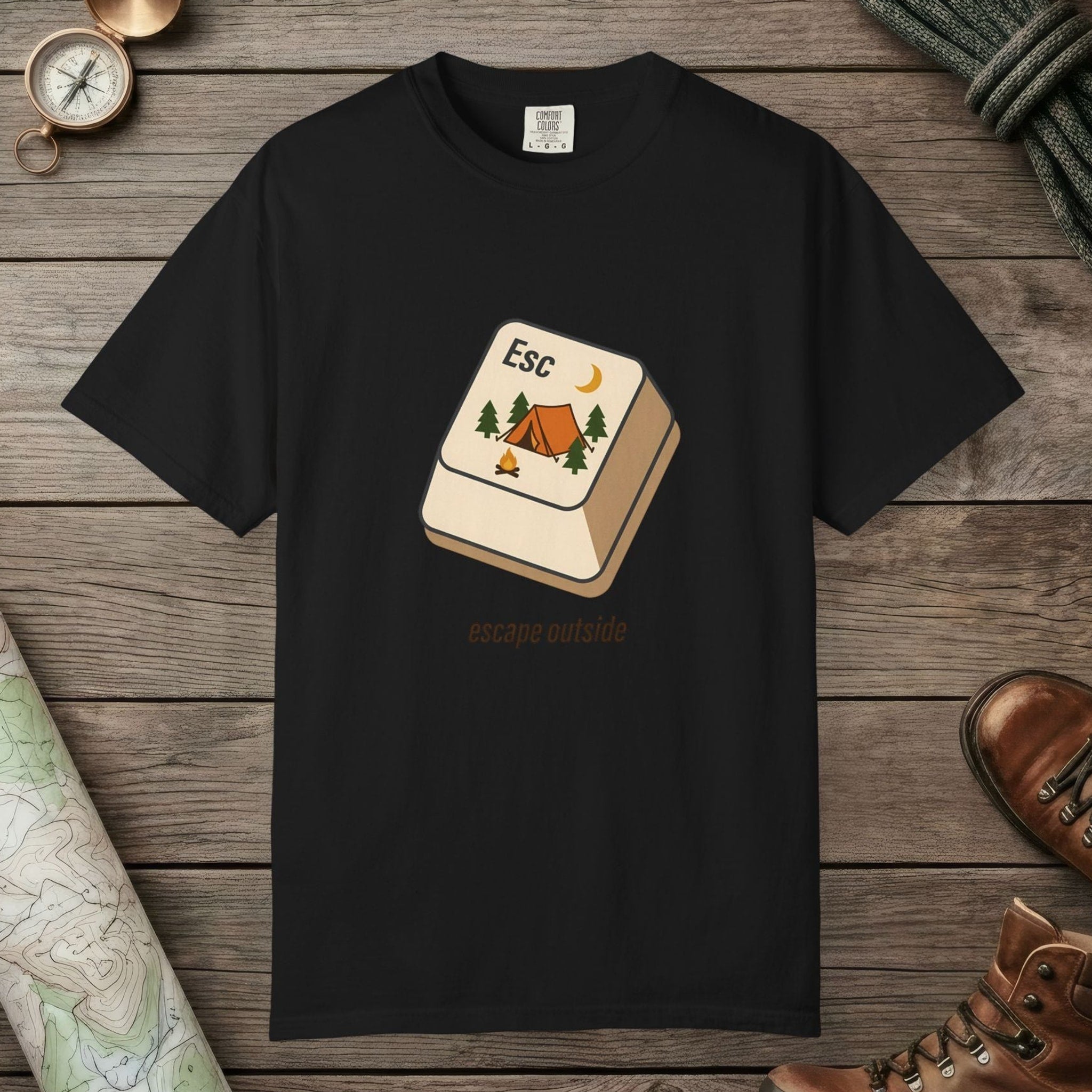 Black color unisex graphic t-shirt with "Escape Outside" design