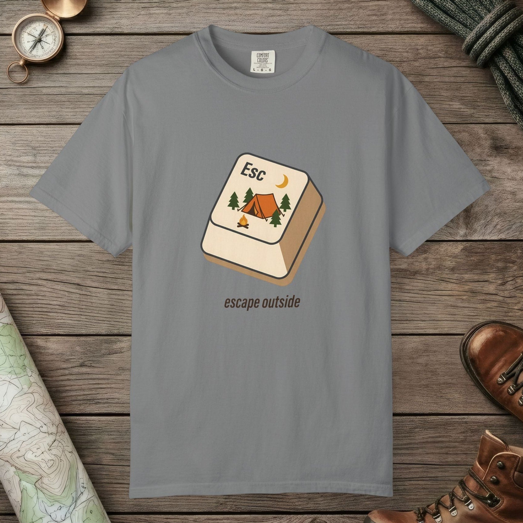 Grey color unisex graphic t-shirt with "Escape Outside" design