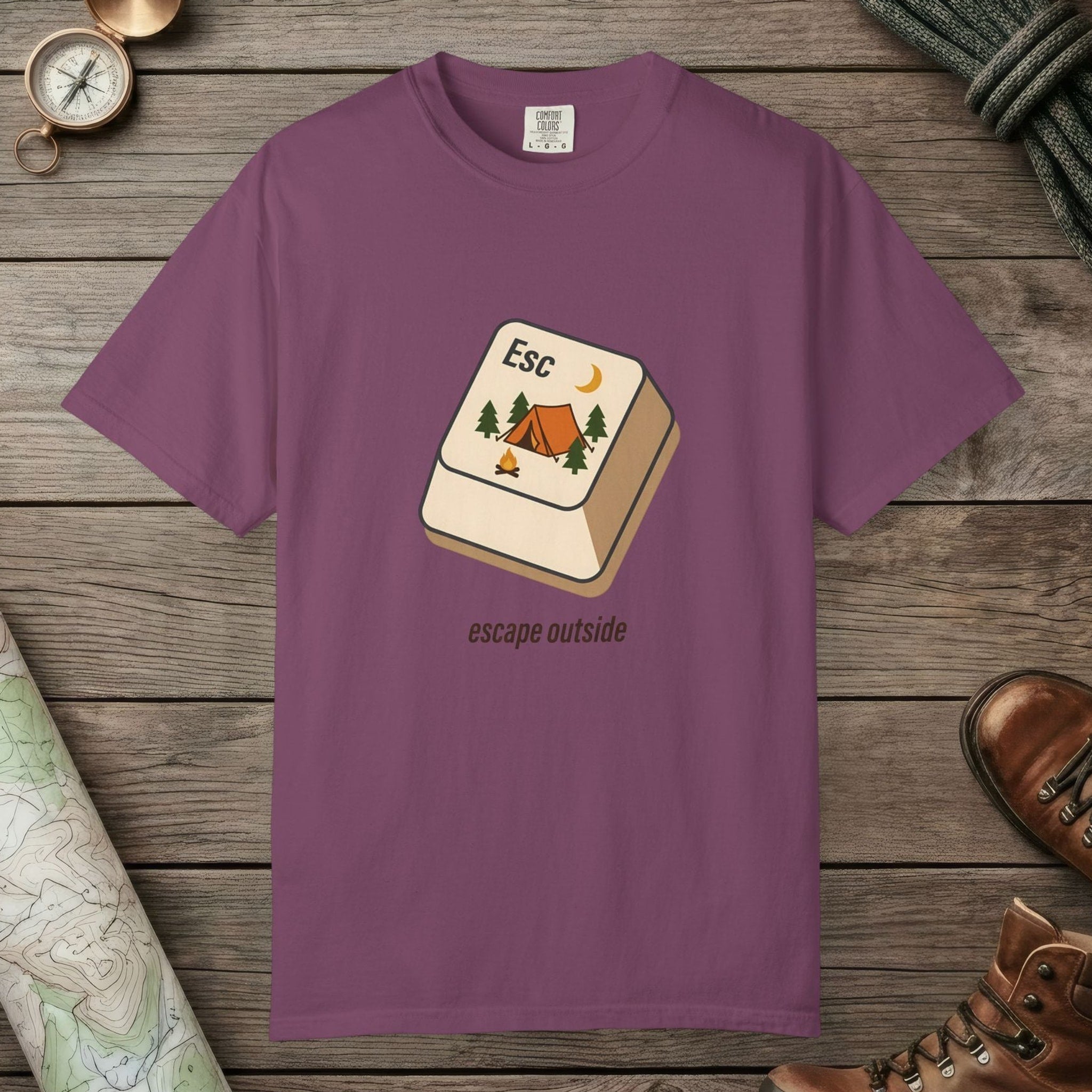 Berry color unisex graphic t-shirt with "Escape Outside" design