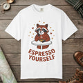 White color unisex graphic t-shirt with "Espresso Yourself, Raccoon" design