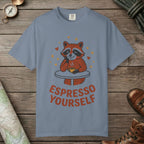 Blue Jean color unisex graphic t-shirt with "Espresso Yourself, Raccoon" design