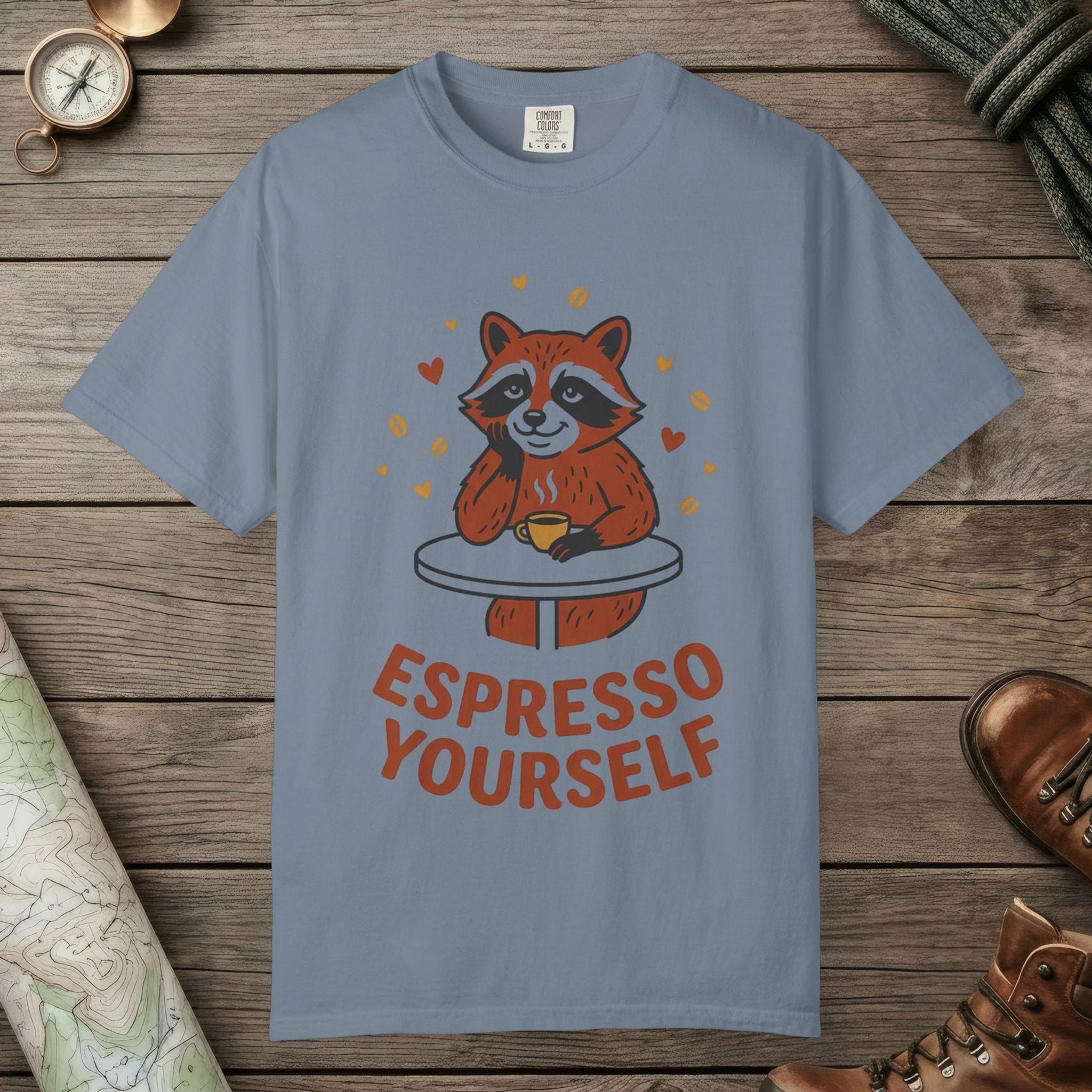 Blue Jean color unisex graphic t-shirt with "Espresso Yourself, Raccoon" design