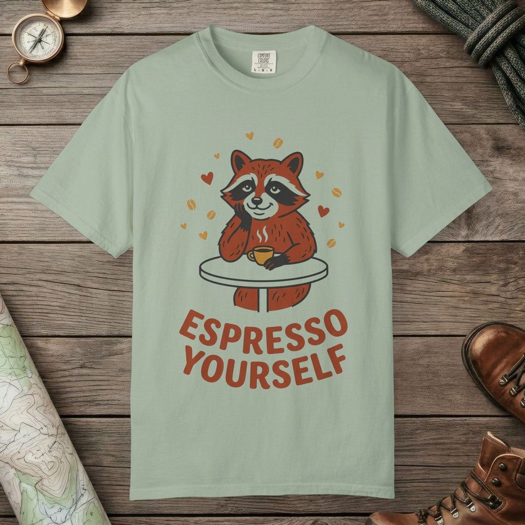 Bay color unisex graphic t-shirt with "Espresso Yourself, Raccoon" design