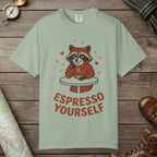 Bay color unisex graphic t-shirt with "Espresso Yourself, Raccoon" design