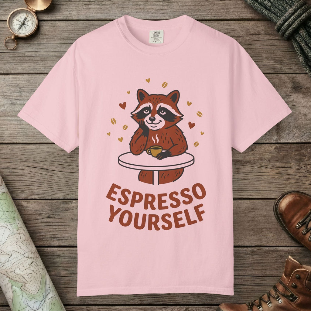 Blossom color unisex graphic t-shirt with "Espresso Yourself, Raccoon" design