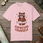 Blossom color unisex graphic t-shirt with "Espresso Yourself, Raccoon" design