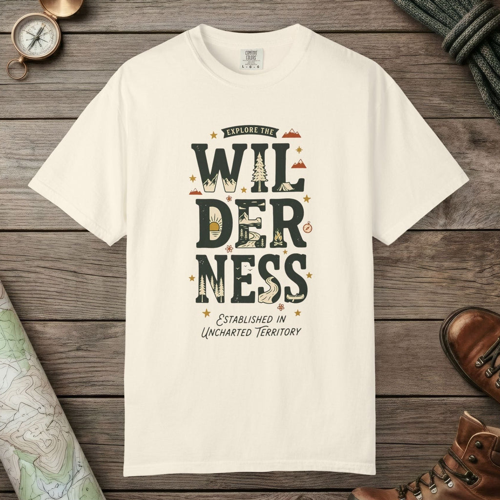 Ivory color unisex graphic t-shirt with "Explore The Wilderness Doodle" design