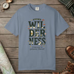 Blue Jean color unisex graphic t-shirt with "Explore The Wilderness Doodle" design