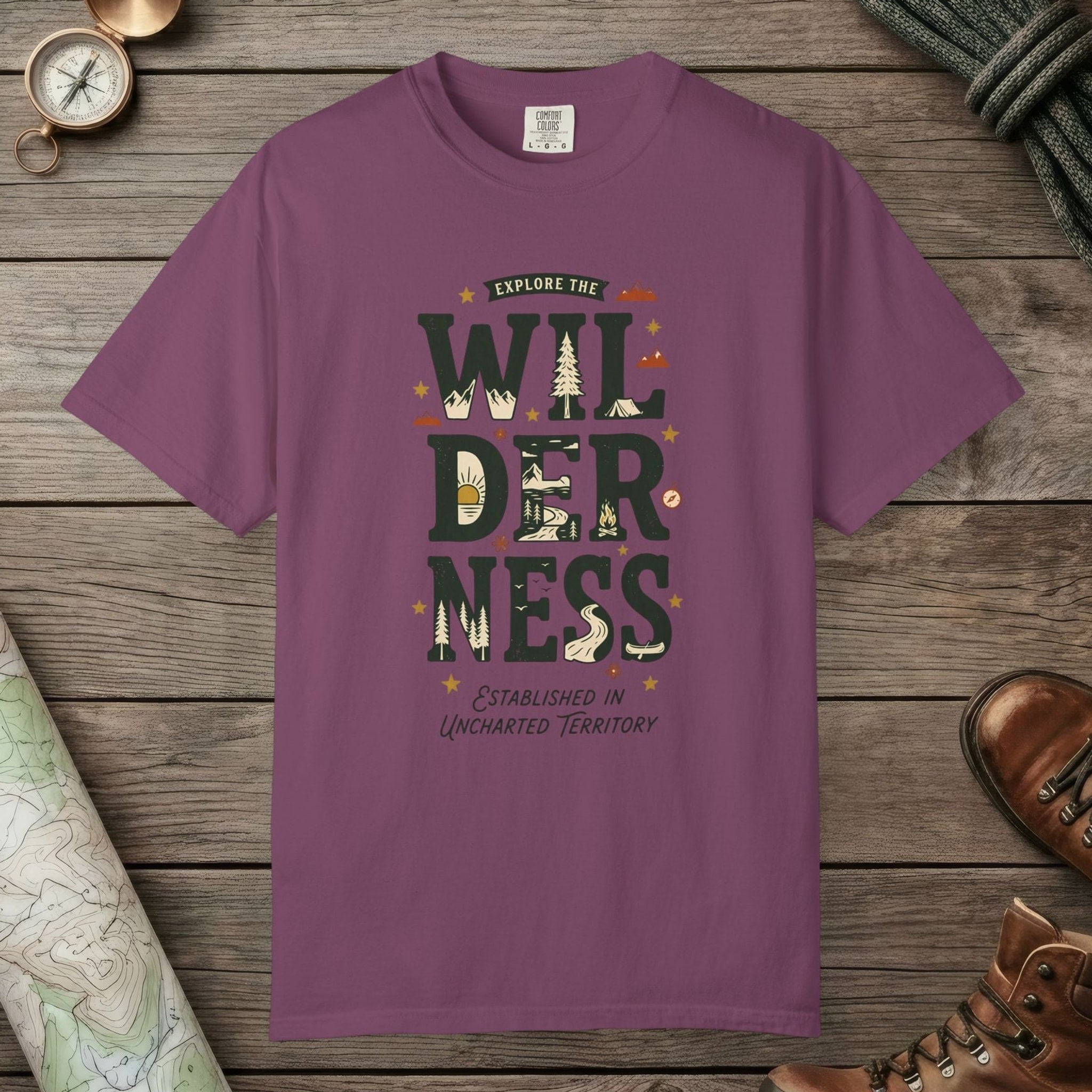 Berry color unisex graphic t-shirt with "Explore The Wilderness Doodle" design
