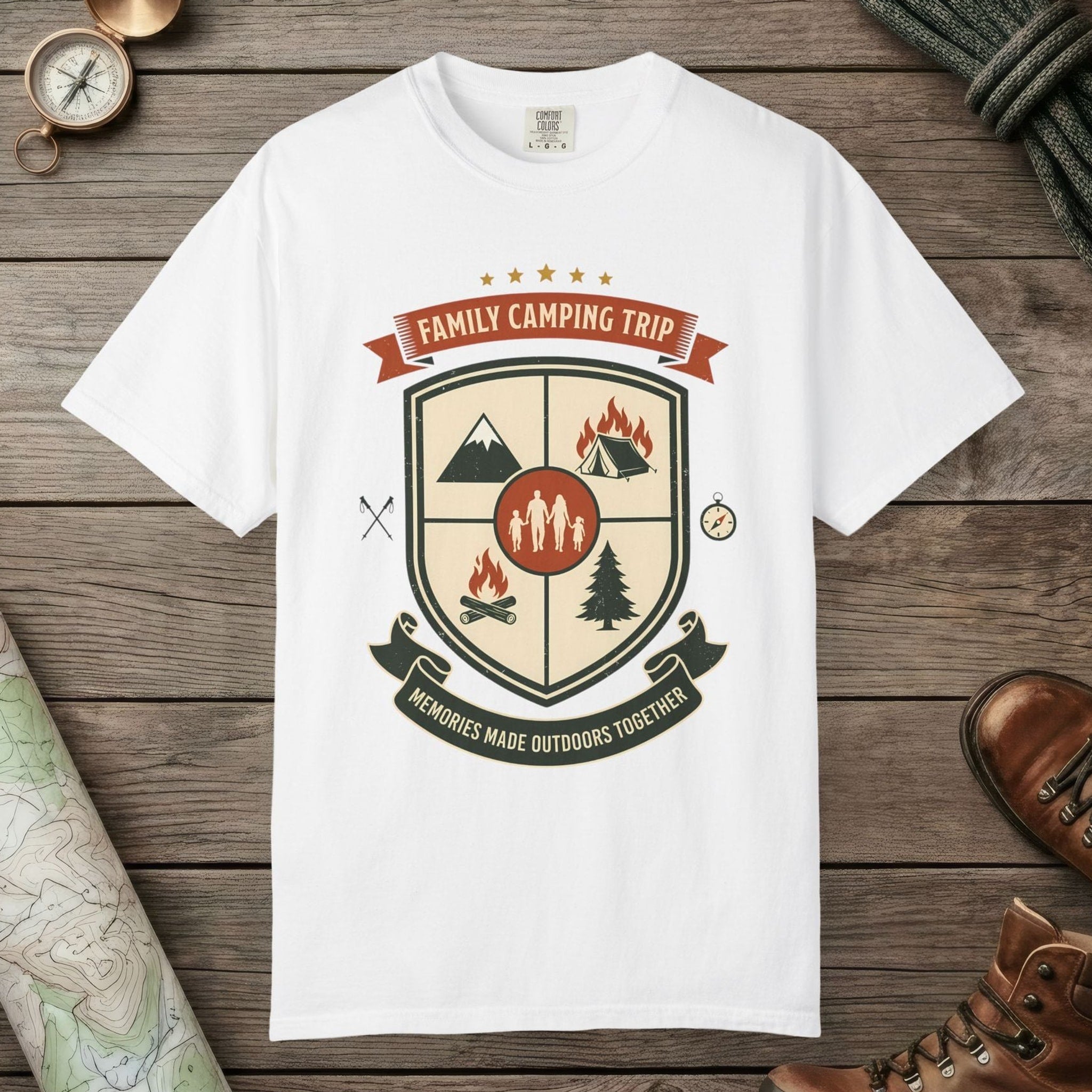 White color unisex graphic t-shirt with "Family Camping Trip" design