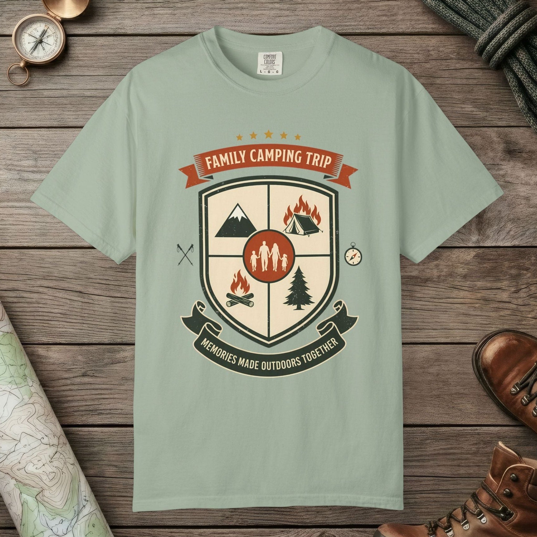 Bay color unisex graphic t-shirt with "Family Camping Trip" design
