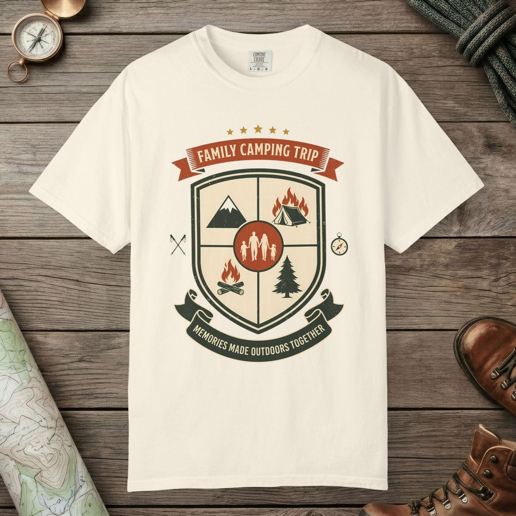 Ivory color unisex graphic t-shirt with "Family Camping Trip" design