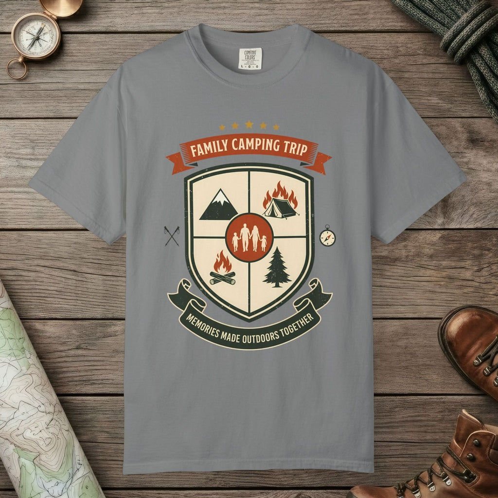 Grey color unisex graphic t-shirt with "Family Camping Trip" design