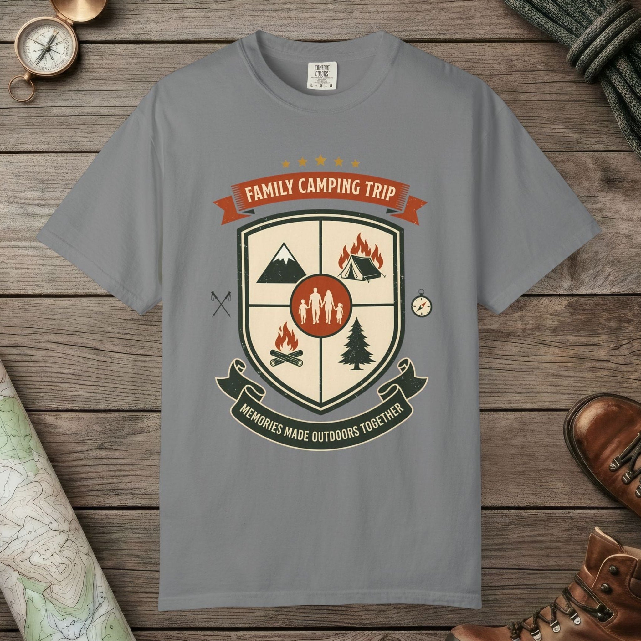 Grey color unisex graphic t-shirt with "Family Camping Trip" design