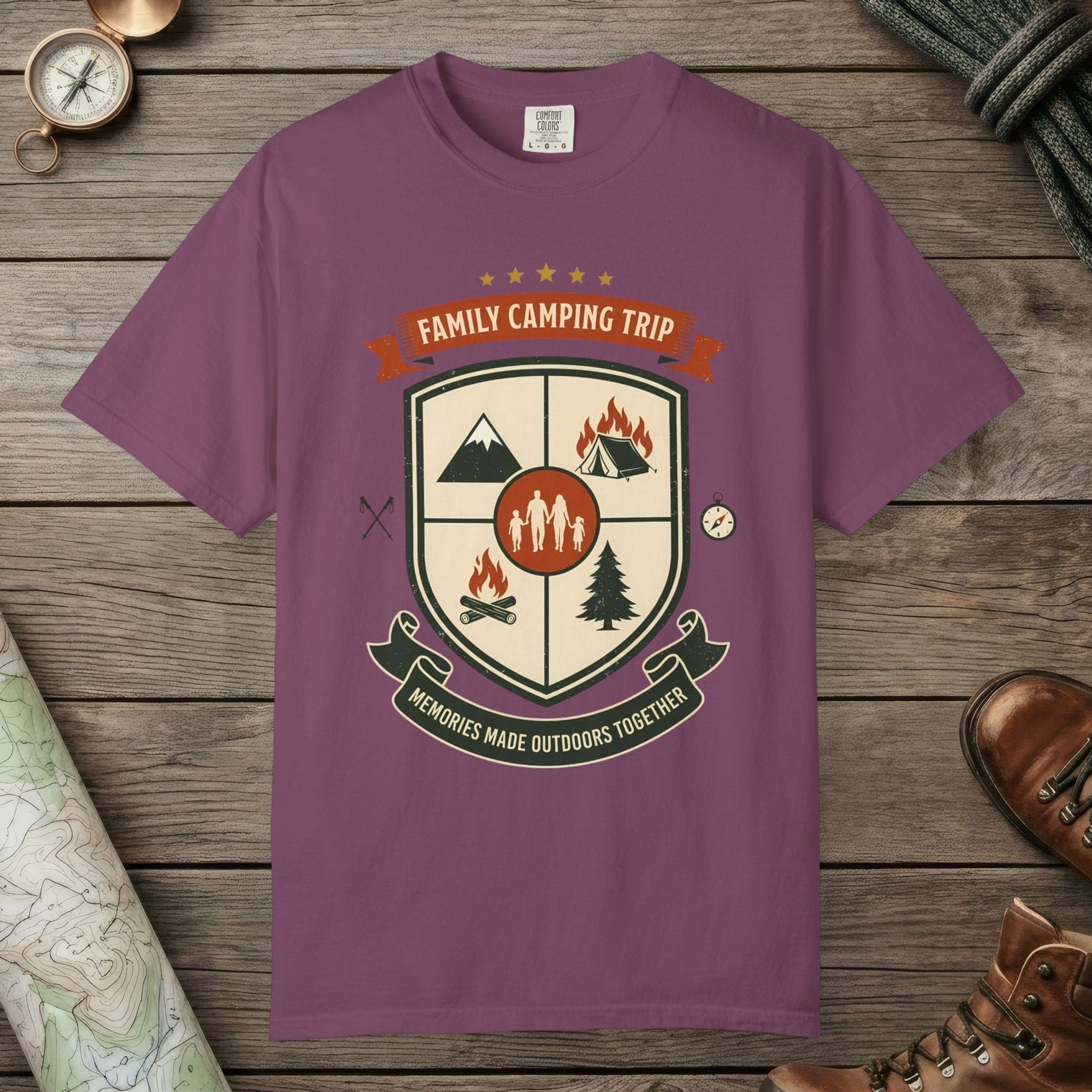 Berry color unisex graphic t-shirt with "Family Camping Trip" design