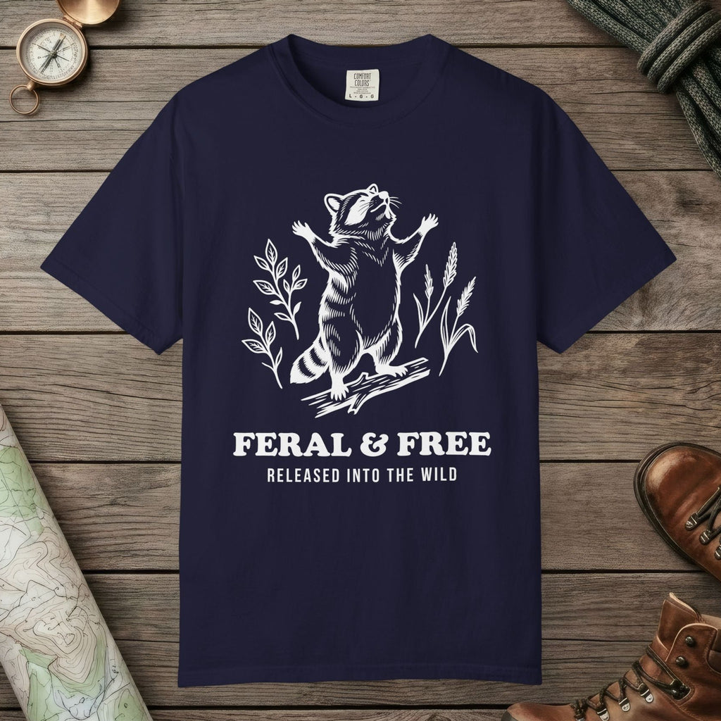 True Navy color unisex graphic t-shirt with "Feral & Free" design