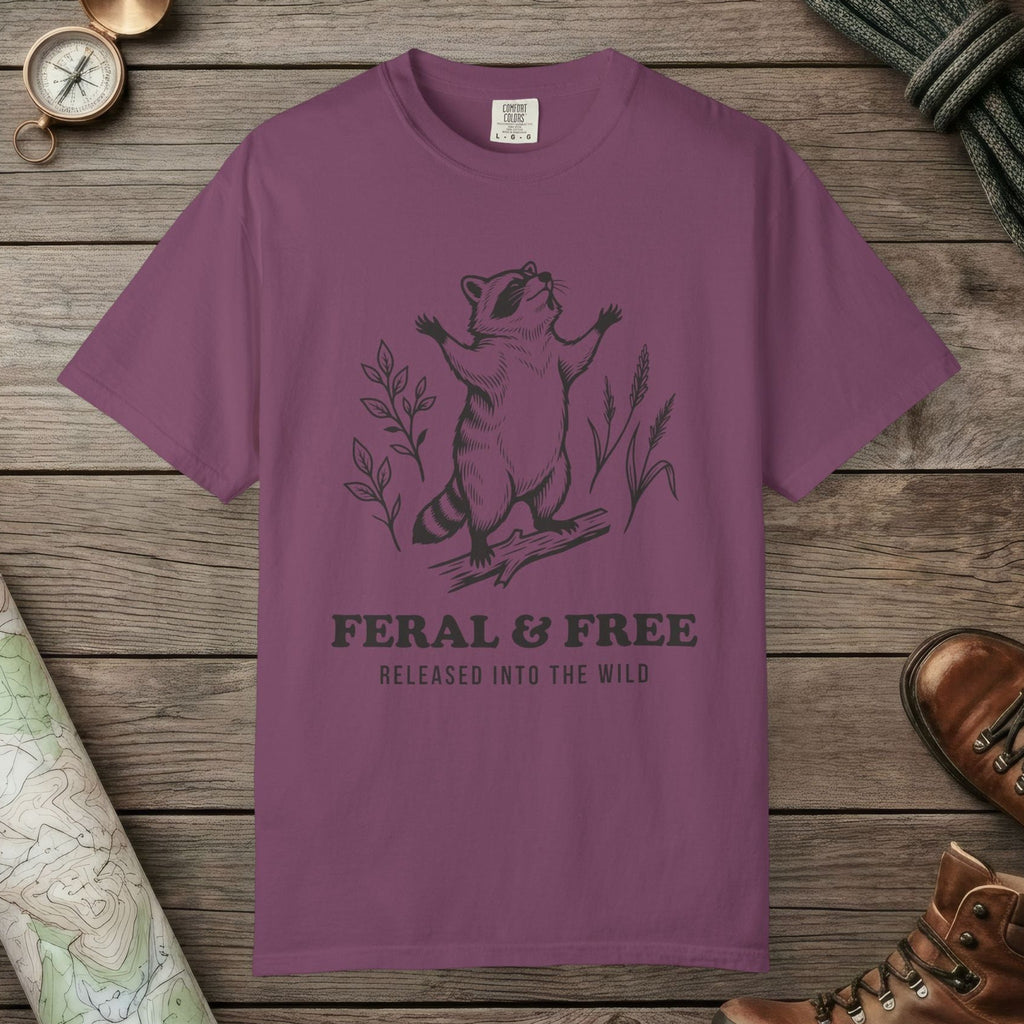 Berry color unisex graphic t-shirt with "Feral & Free" design