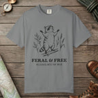 Grey color unisex graphic t-shirt with "Feral & Free" design