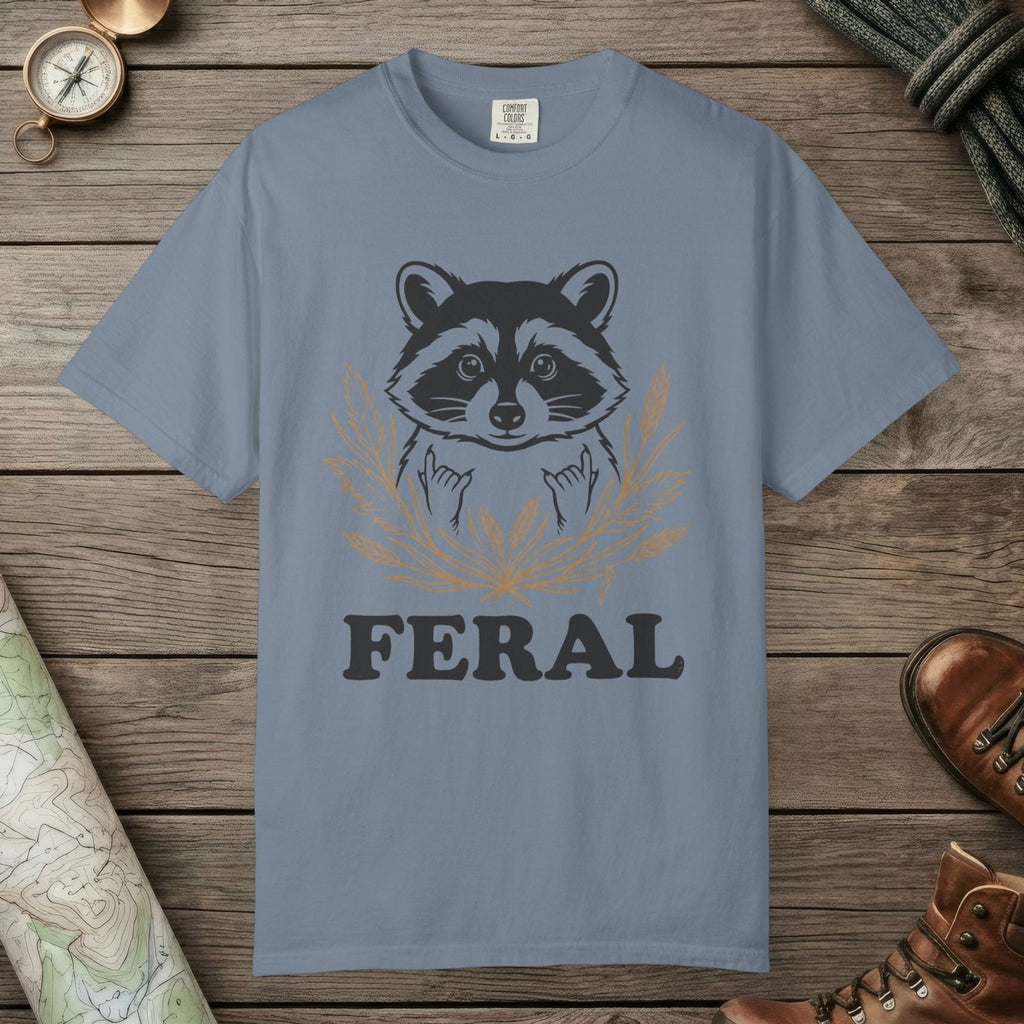 Blue Jean color unisex graphic t-shirt with "Feral Raccoon" design