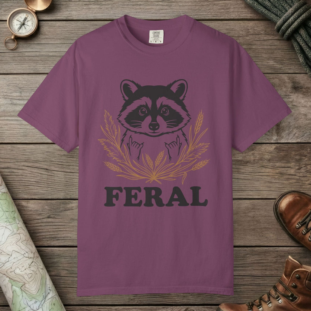 Berry color unisex graphic t-shirt with "Feral Raccoon" design