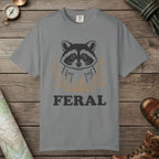 Grey color unisex graphic t-shirt with "Feral Raccoon" design