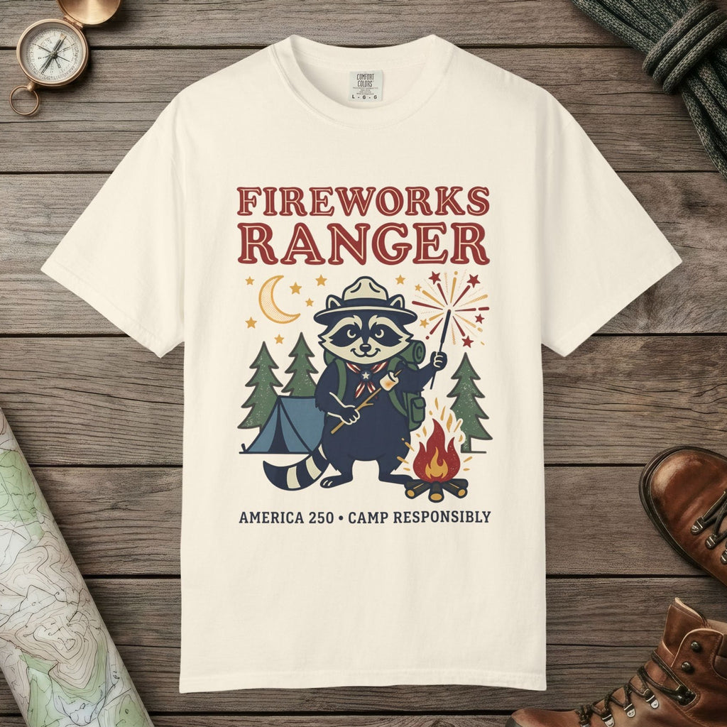 Ivory color unisex graphic t-shirt with "Fireworks Ranger" design