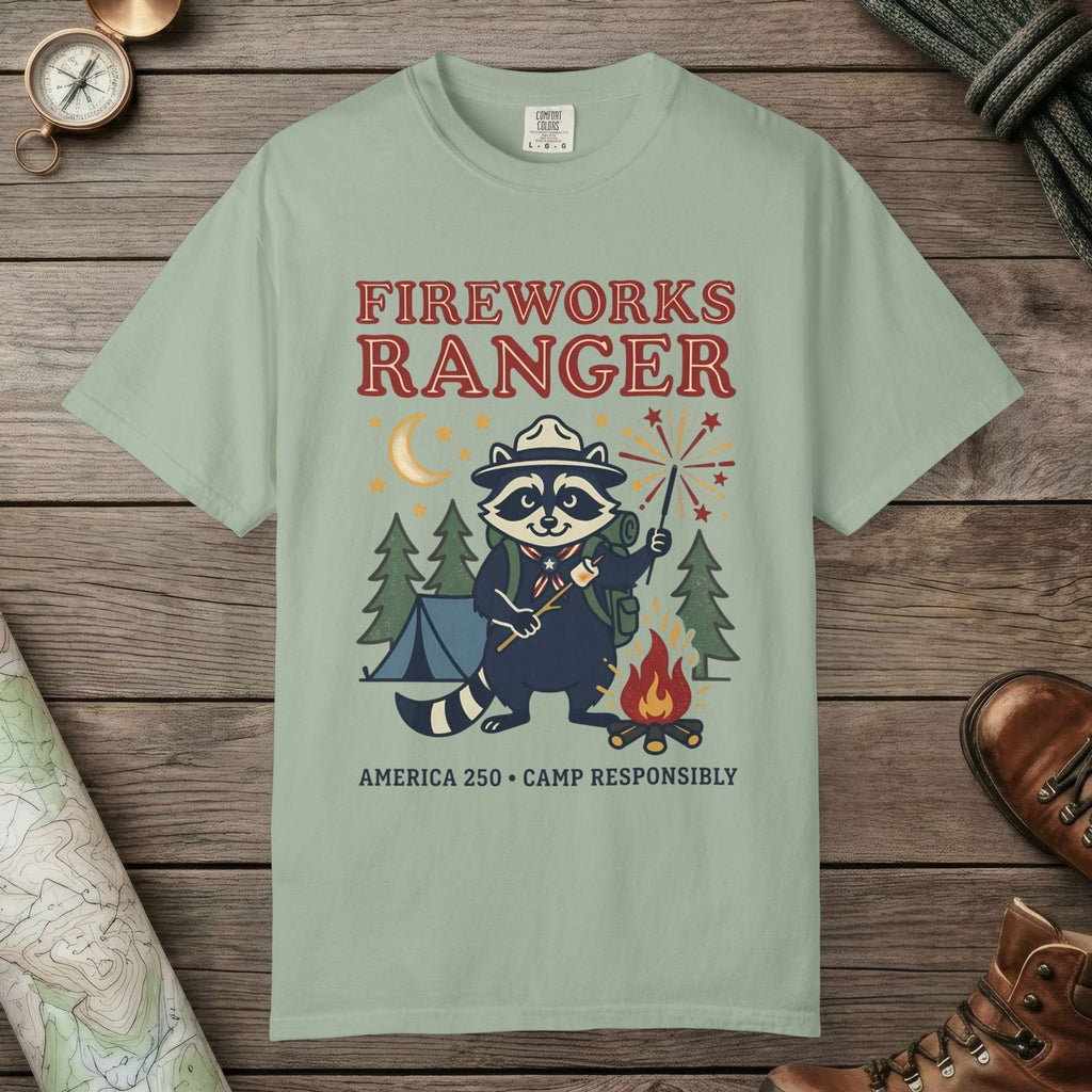 Bay color unisex graphic t-shirt with "Fireworks Ranger" design