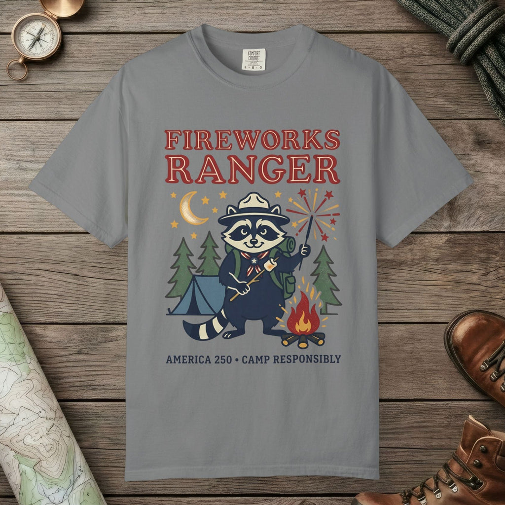 Grey color unisex graphic t-shirt with "Fireworks Ranger" design
