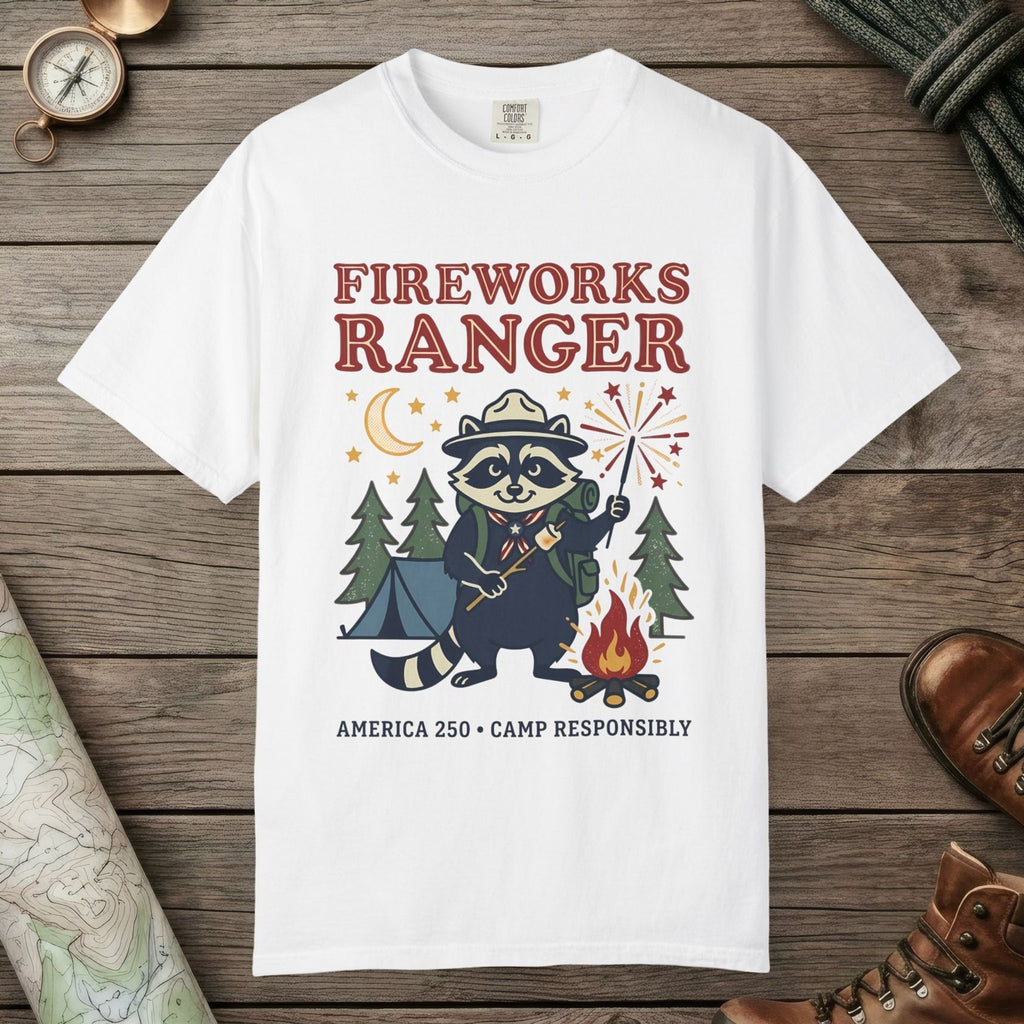 White color unisex graphic t-shirt with "Fireworks Ranger" design