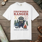 White color unisex graphic t-shirt with "Fireworks Ranger" design
