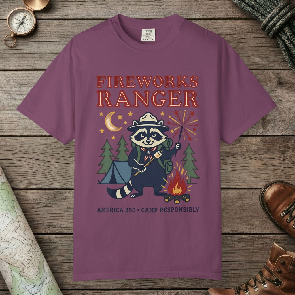 Berry color unisex graphic t-shirt with "Fireworks Ranger" design
