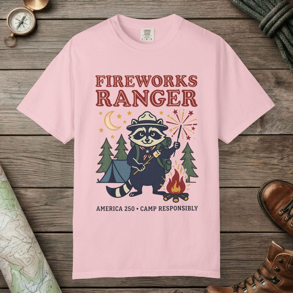 Blossom color unisex graphic t-shirt with "Fireworks Ranger" design