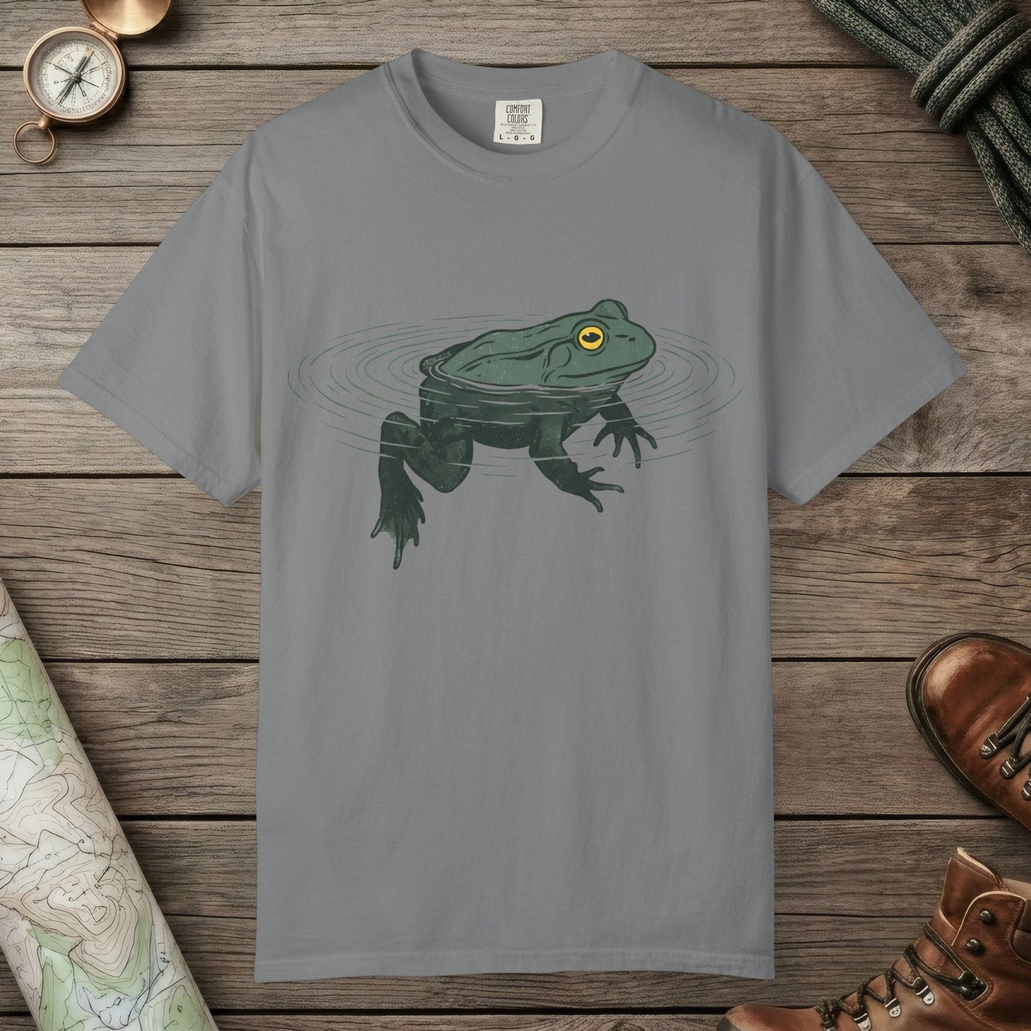 Grey color unisex graphic t-shirt with "Floating Frog" design