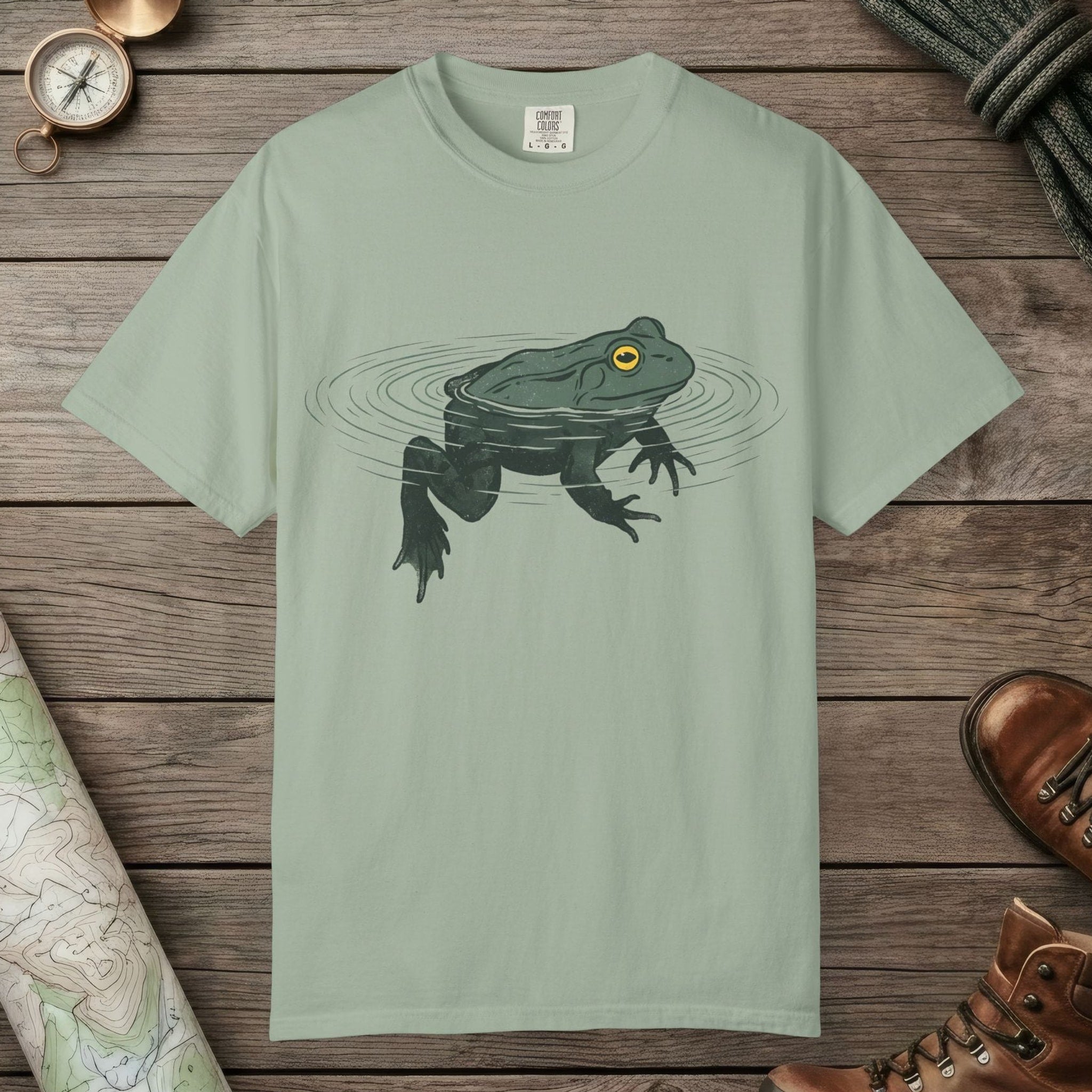 Bay color unisex graphic t-shirt with "Floating Frog" design
