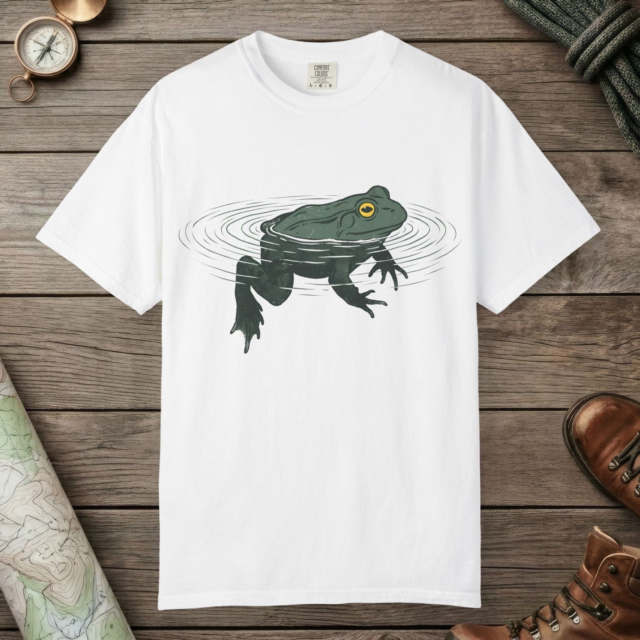 White color unisex graphic t-shirt with "Floating Frog" design