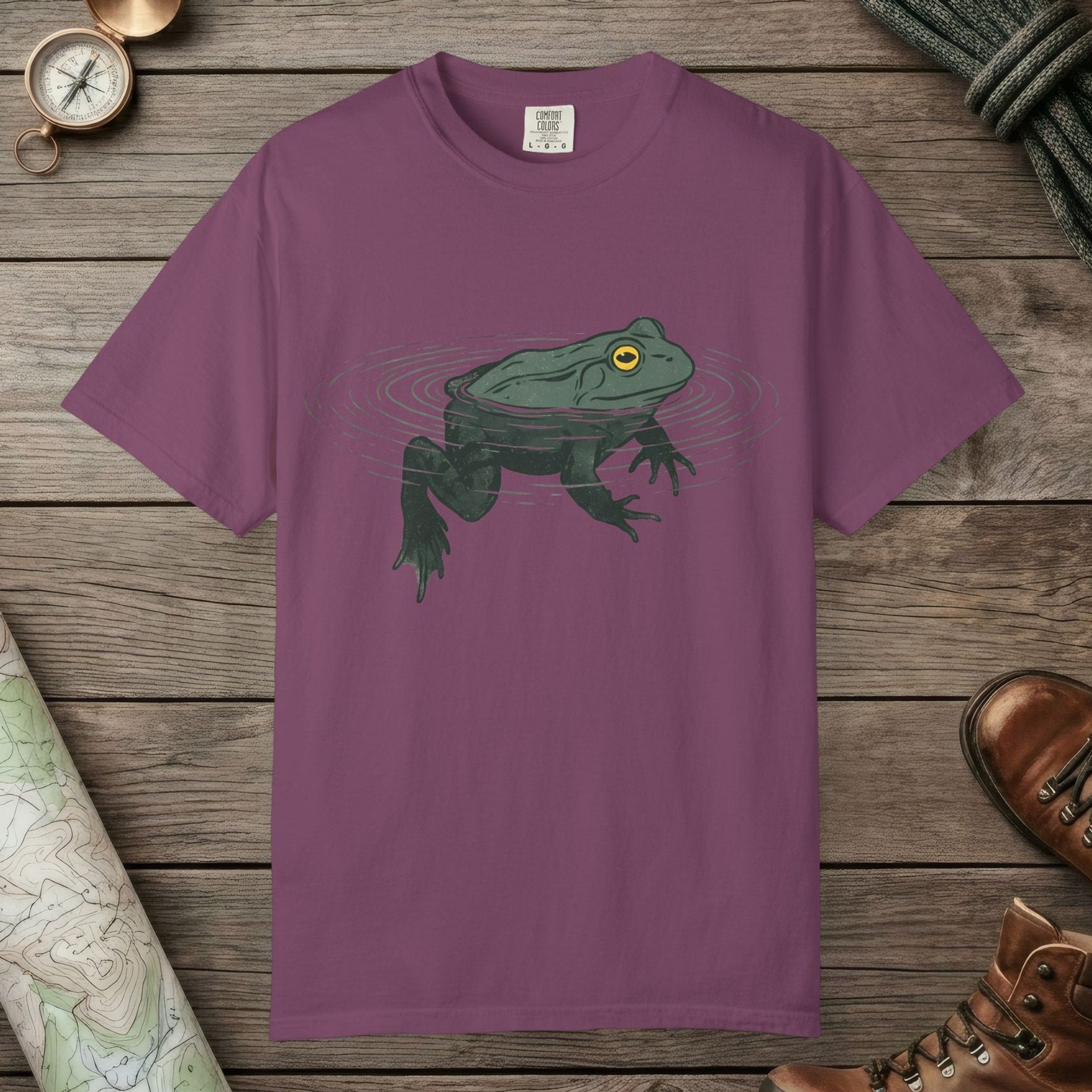 Berry color unisex graphic t-shirt with "Floating Frog" design