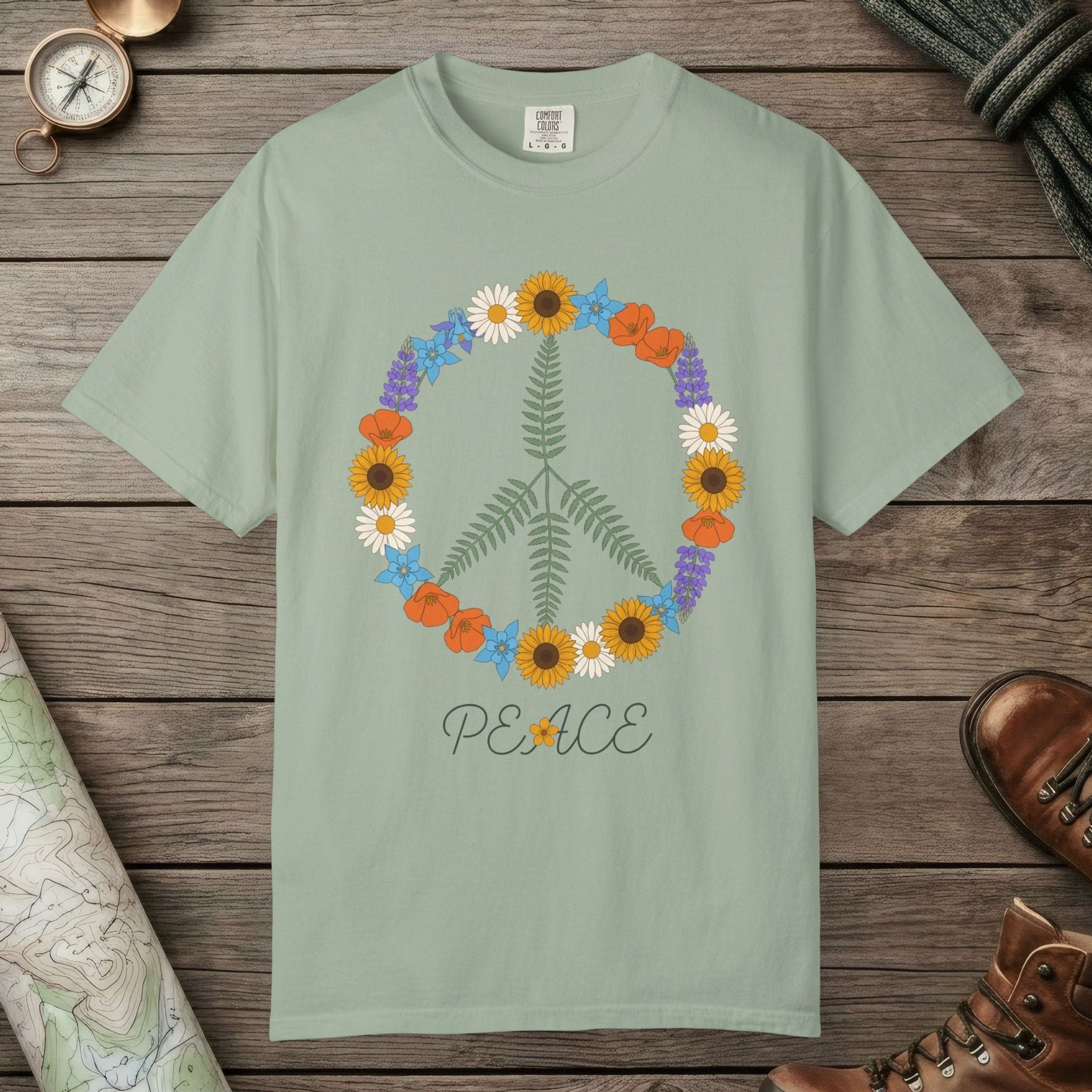 Bay color unisex graphic t-shirt with "Floral Peace" design