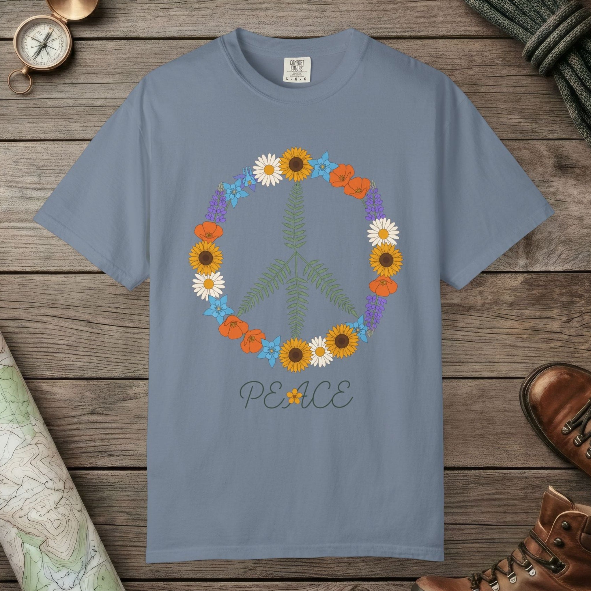 Blue Jean color unisex graphic t-shirt with "Floral Peace" design