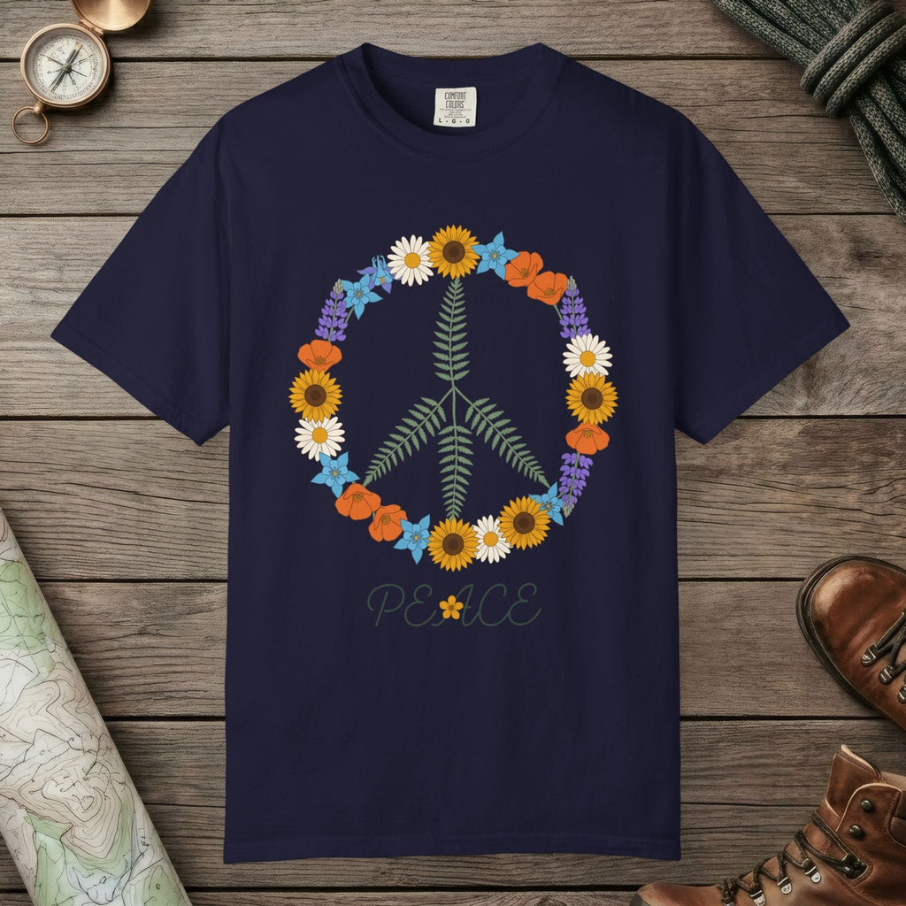 True Navy color unisex graphic t-shirt with "Floral Peace" design